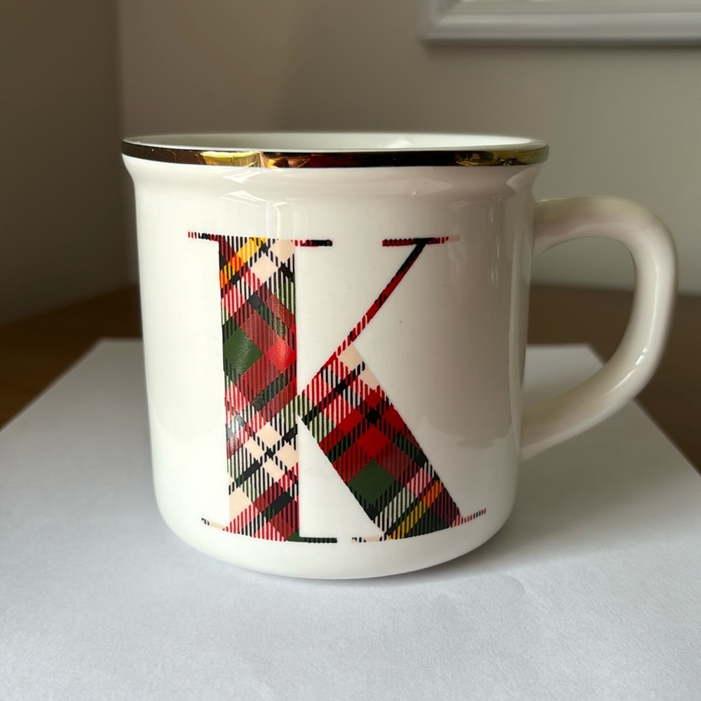 Pottery Barn K Monogram Initial Coffee Cup Mug Plaid Metallic Gold Rim